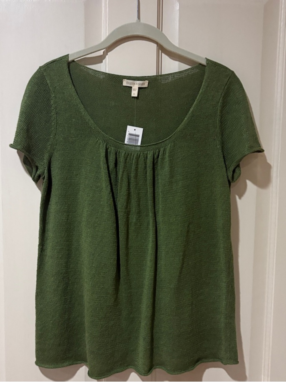 Eileen Fisher Olive Green Short Sleeve Scoop Neck linen Knit Top NWT XS